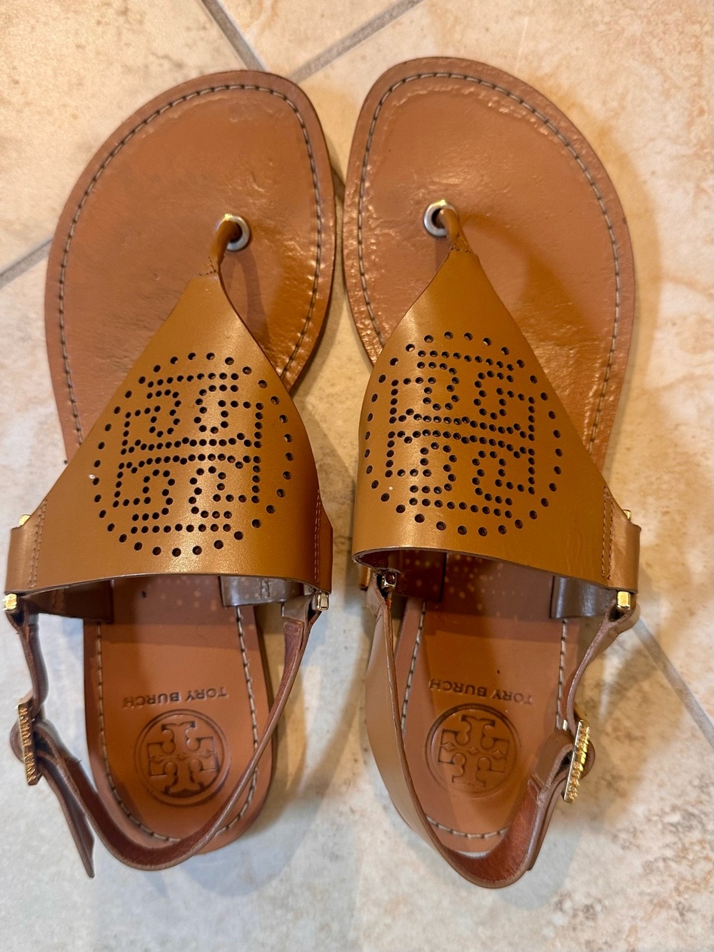 Tory Burch Cognac Perforated Logo Leather Slingback Sandals